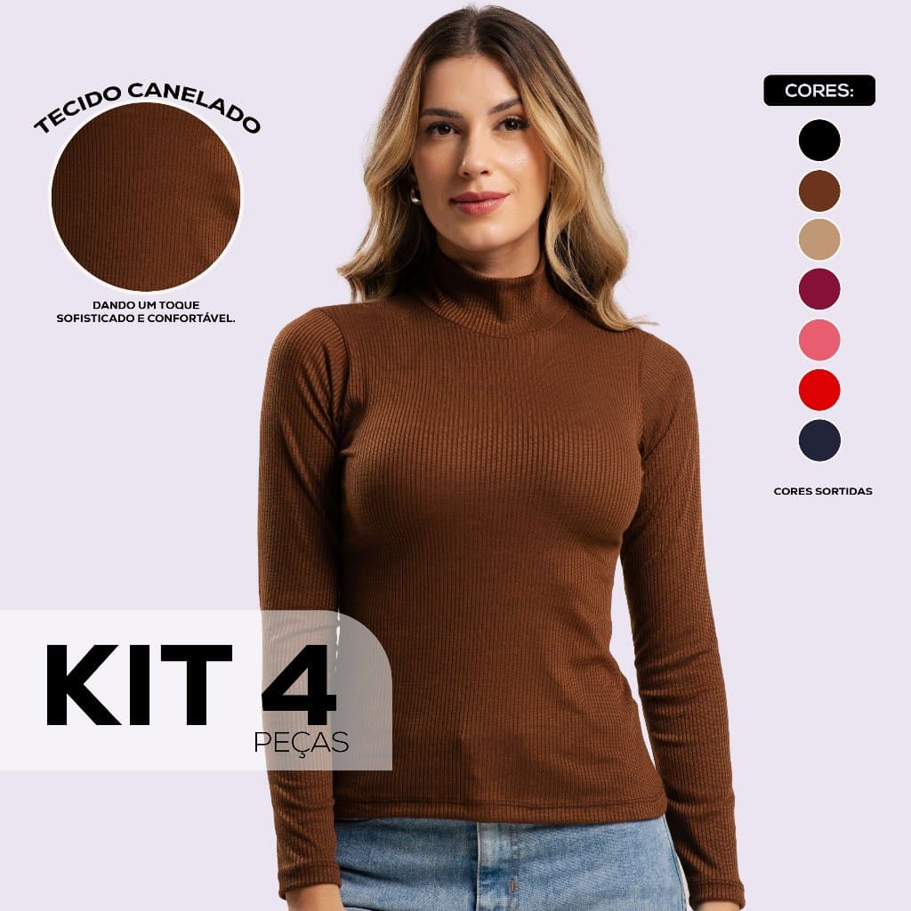 Kit 4 Blusas Feminina Cacharrel Canelada Gola Alta Manga Longa Outono/Inverno Dyeu Modas