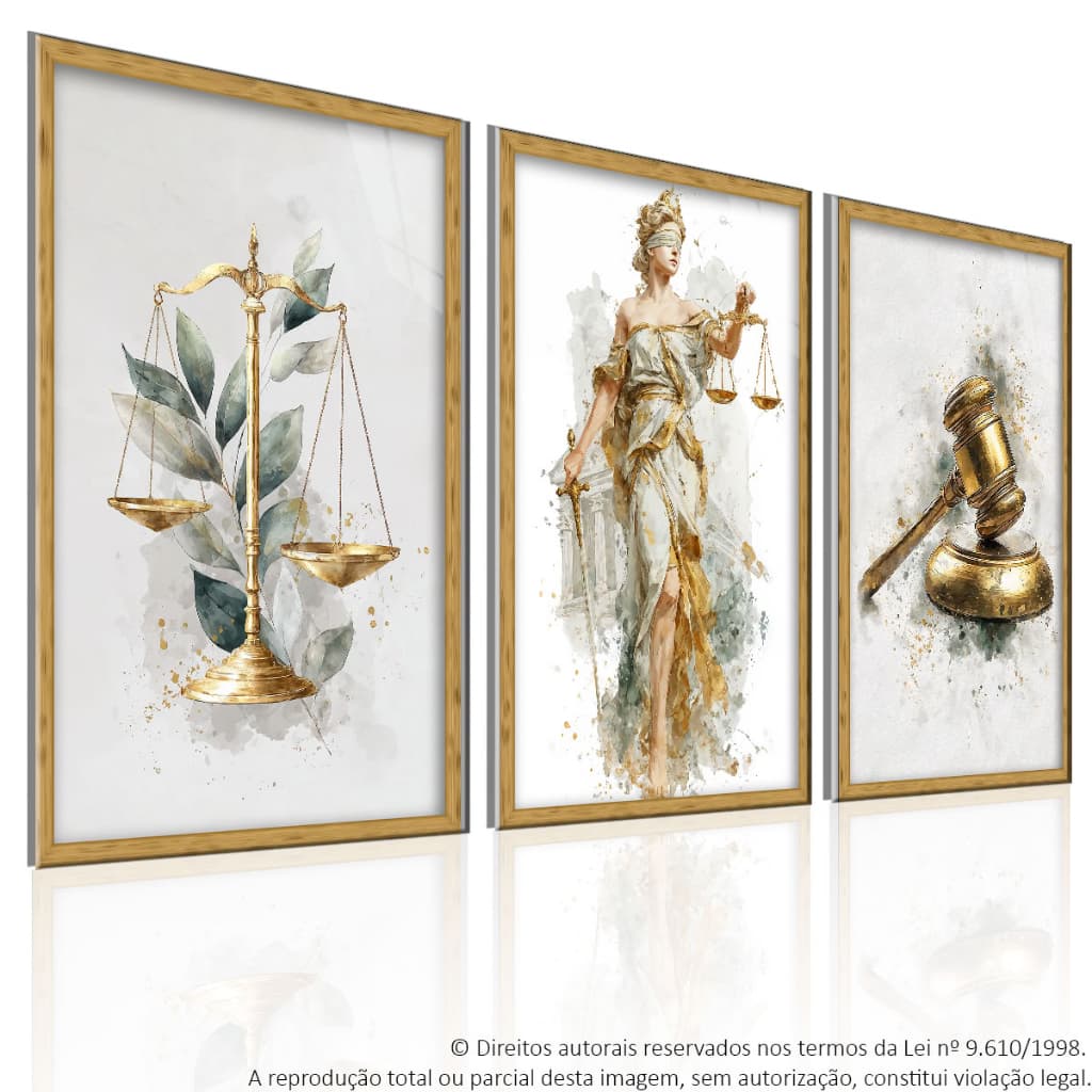 Kit 3 Quadros 120x60 Decorativo Senhora da Justiça Branco e Dourado Tribunal Direito e Advogado
