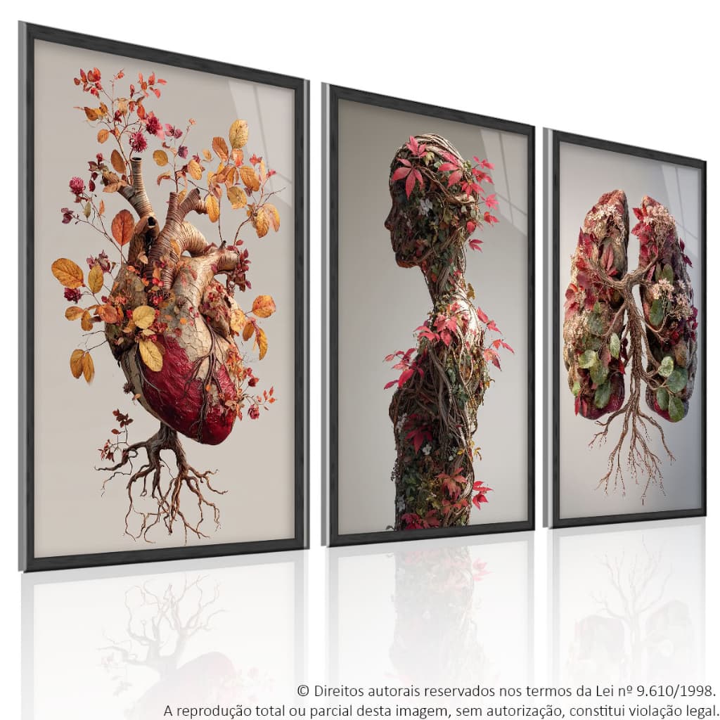 Kit 3 Quadros 120x60 Decorativo Raizes da Vida Corpo em Raiz Mulher