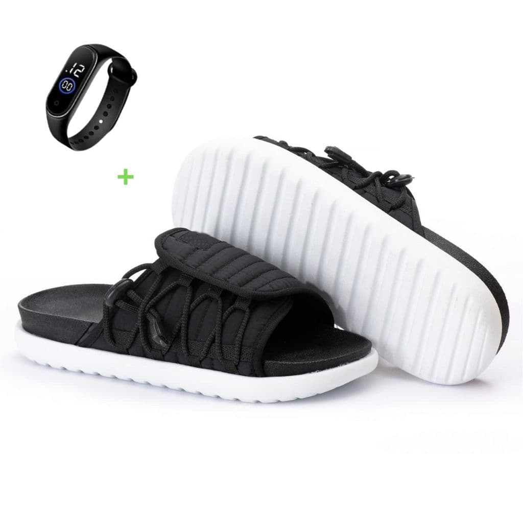 Chinelo Confortável e Estiloso - Preto com Sola Branca + Brinde Relógio Digital de Pulso | Pronta Entrega