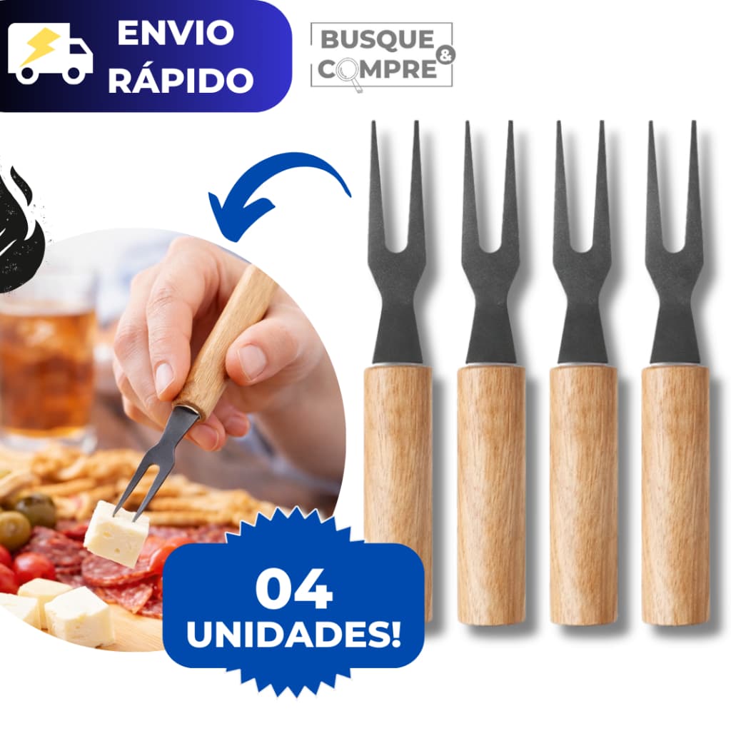 Kit 4 Garfinhos Petisco Inox Cabo De Madeira Conjunto para Cozinha Resistente Clink