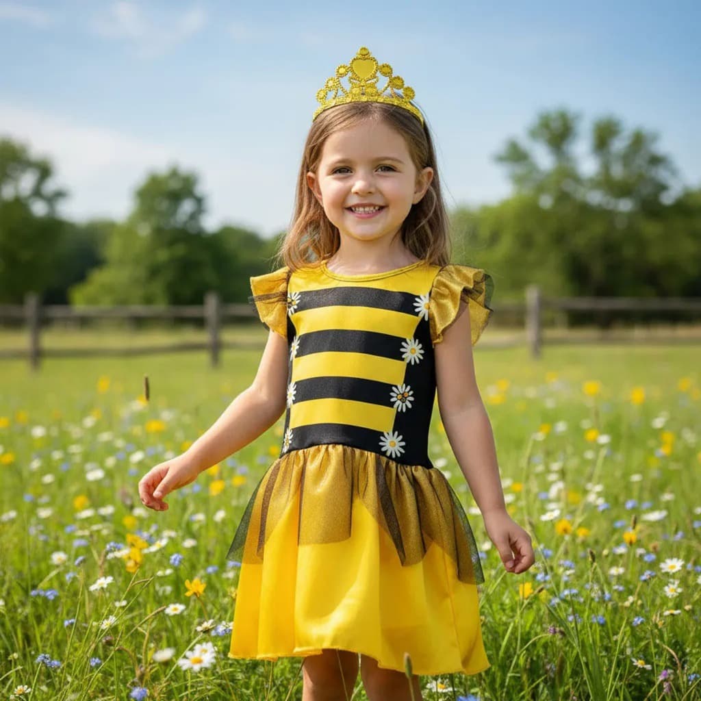 Fantasia Abelhinha Infantil Luxo Vestido + Coroa Menina - Carnaval Festa Aniversário Encanto e Magia