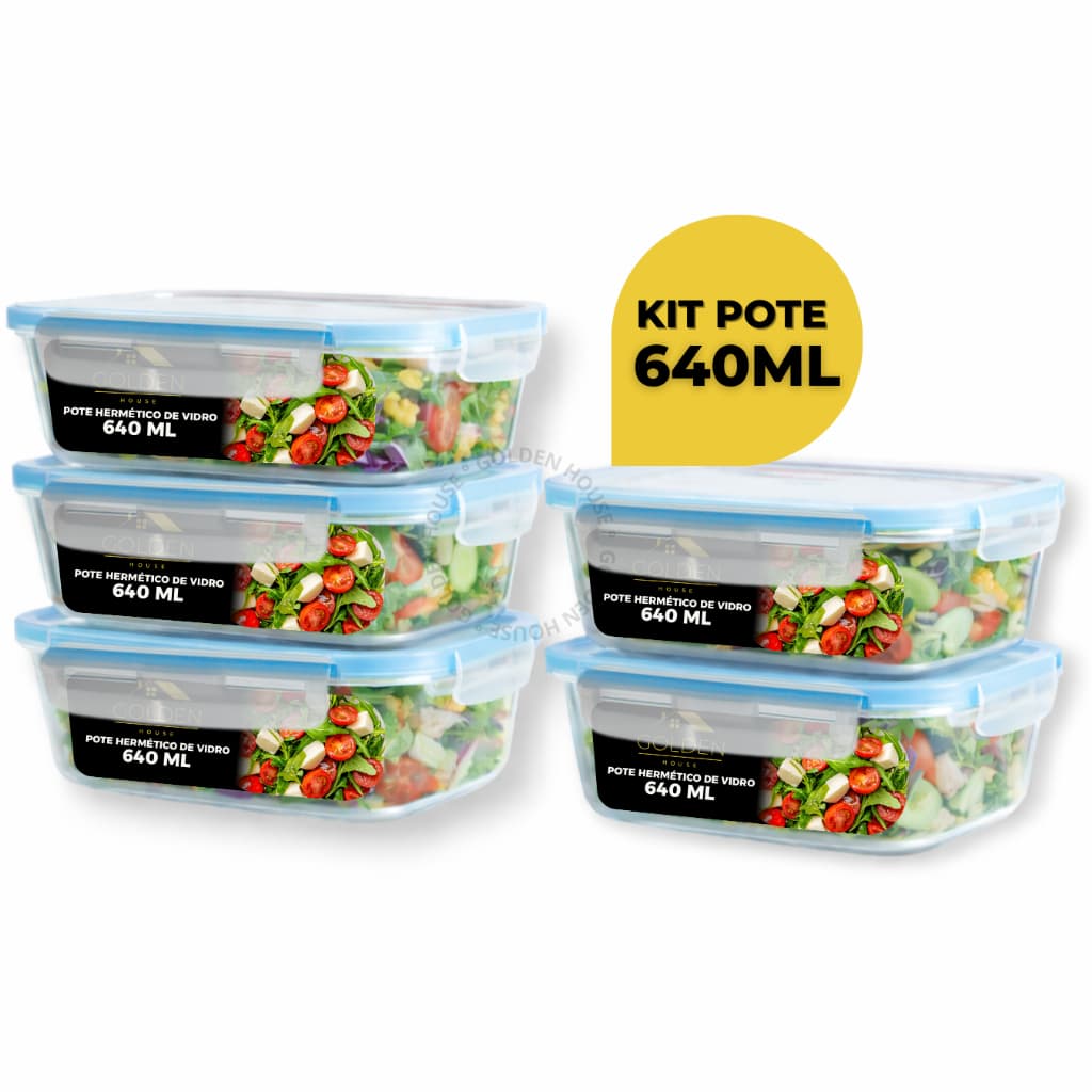 Kit 5 ou 10 Potes Vidro Hermético 640ml Retangular 4 Travas Marmita Premium