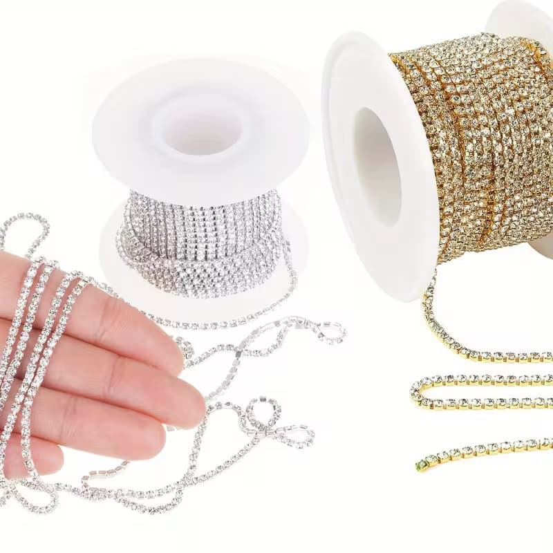 Corrente de Strass Costura Colagem SS08 Cores PRATA/ DOURADO Rolo 2/4/5/10 Metros