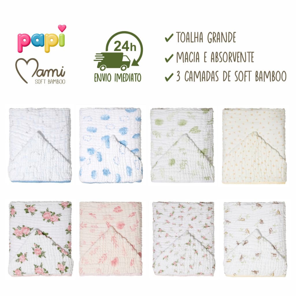Toalha de Banho para Bebe Grande com Capuz Tecido Fralda Soft 3 Camadas Bamboo 110x85cm Mami Papi