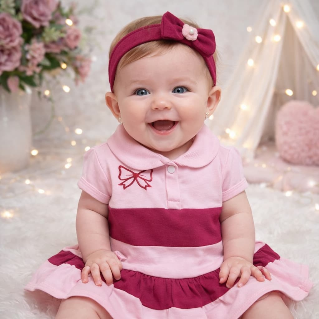 Vestido Bebê Menina RN a 6 Meses Listrado com Bordado + Tiara Conjunto Infantil