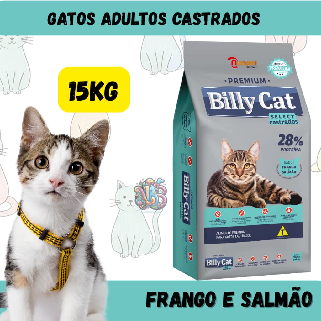 15kg Billy Cat Castrados Frango e Salmão