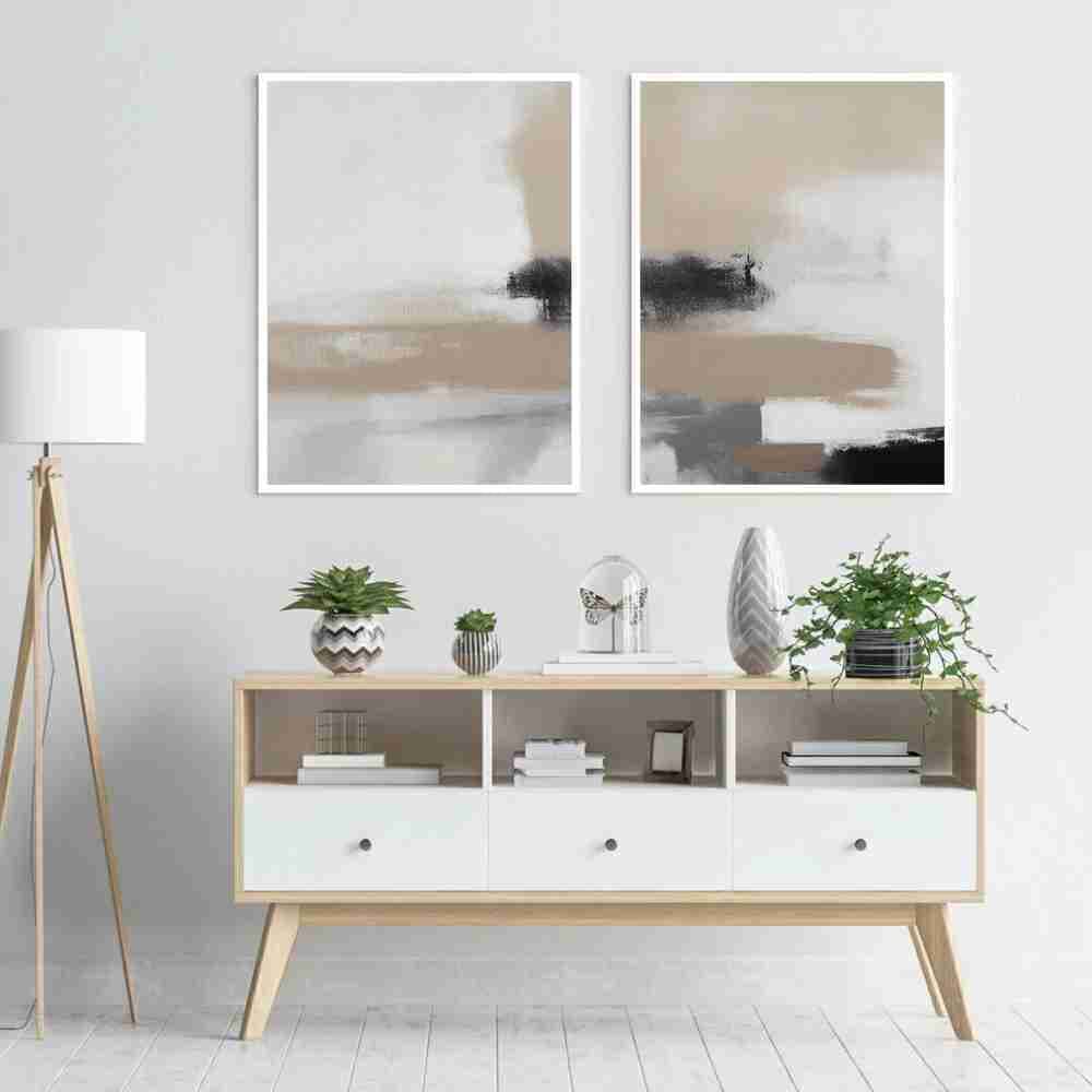 Dupla de Quadros Decorativos Abstrato Pintura Tons de Cinza e Marrom Moldura Caixa TokQuadros