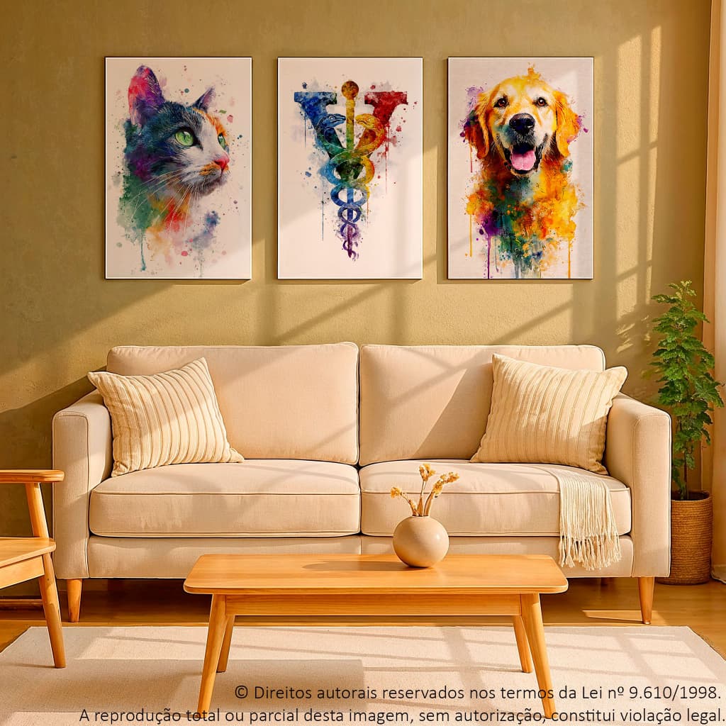 Kt 3 Peças Quadros Decorativo Consultorio Veterinario Cachorro Gato Aquarela Cores