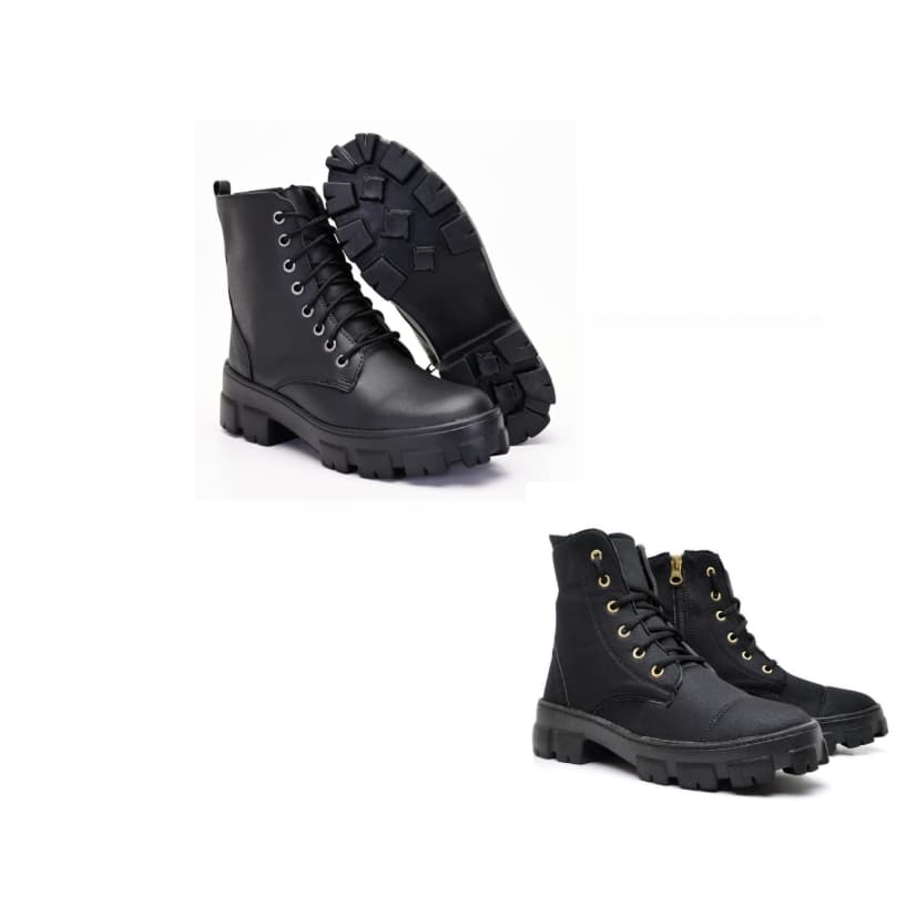 Bota coturno feminina tratorado preta com zíper lateral cano médio+ bota coturno feminina tratorado preto cano médio