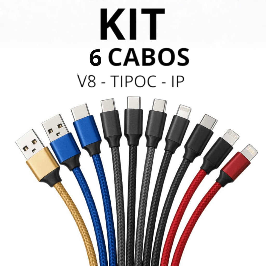 Kit 6 Cabos USB Carregamento 1 Metro Turbo Reforçado V8 Tipo C Iphone