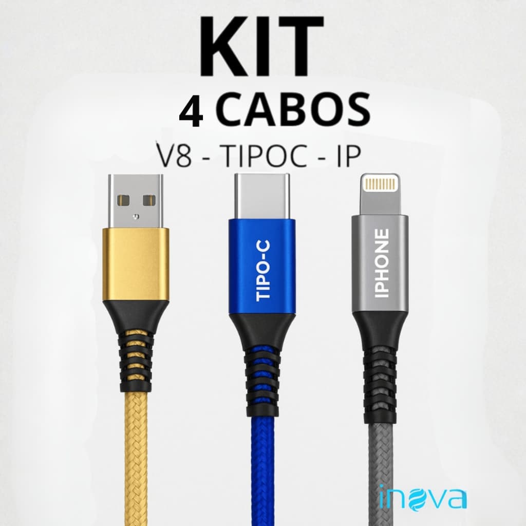 Kit 4 Cabos Carregador Rápido 1 Metro USB Iphone Tipo C com Adaptador e V8 Android Inova