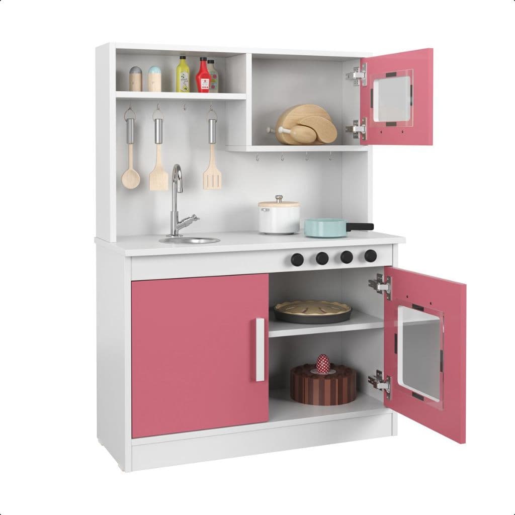 Cozinha Brinquedo Comidinha Forno Fogão Cooktop 3 Bocas Torneira de Verdade Armário Presente Criança
