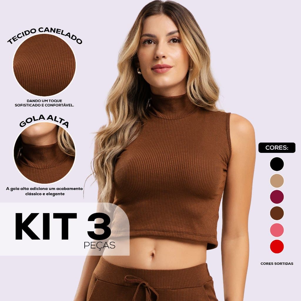 Kit 3 Camisetas Regata Canelada Feminina Verão Baby Tee - Várias Cores Dyeu Modas