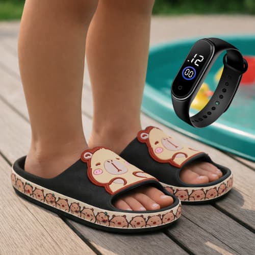 Chinelo Capivara Infantil Conforto e Acabamento Premium + Relógio Digital