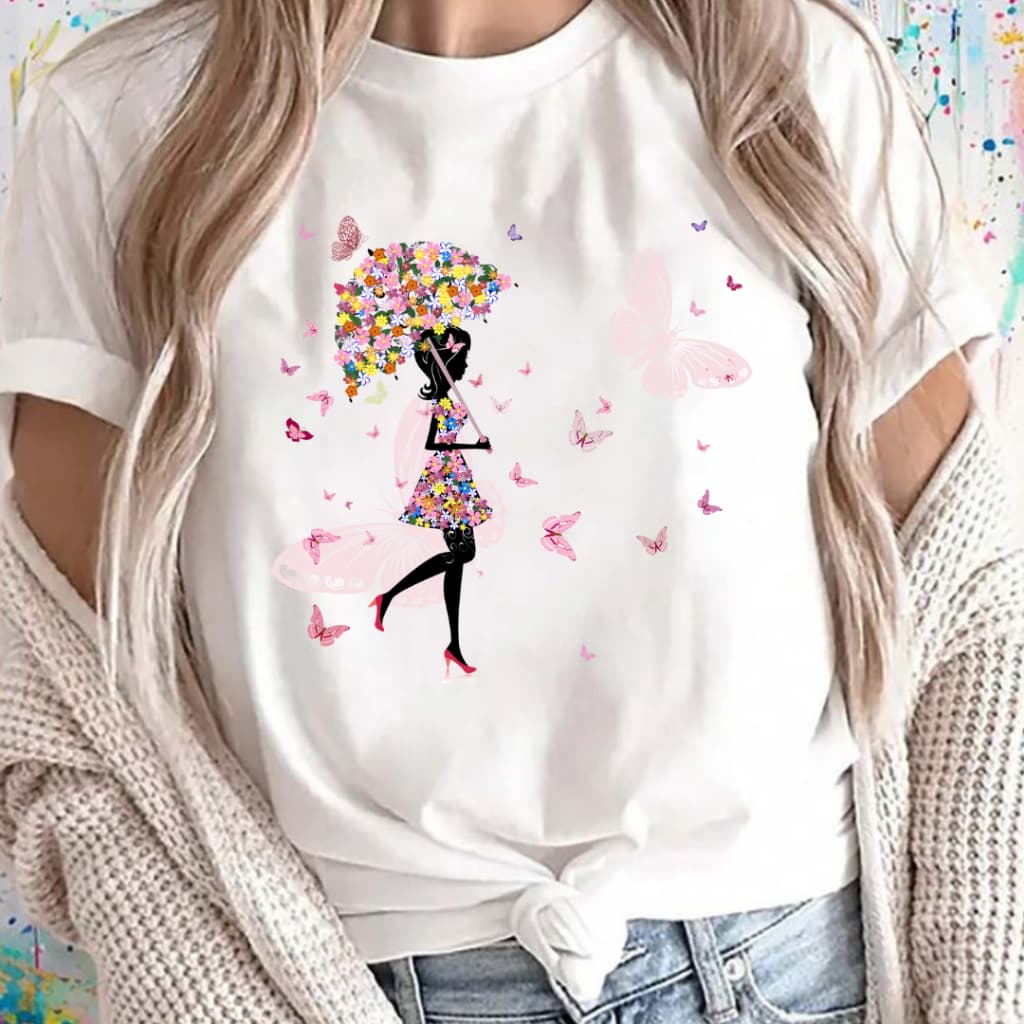 Camiseta Feminina Fada Casual Borboleta Rosa Confortável Mágica