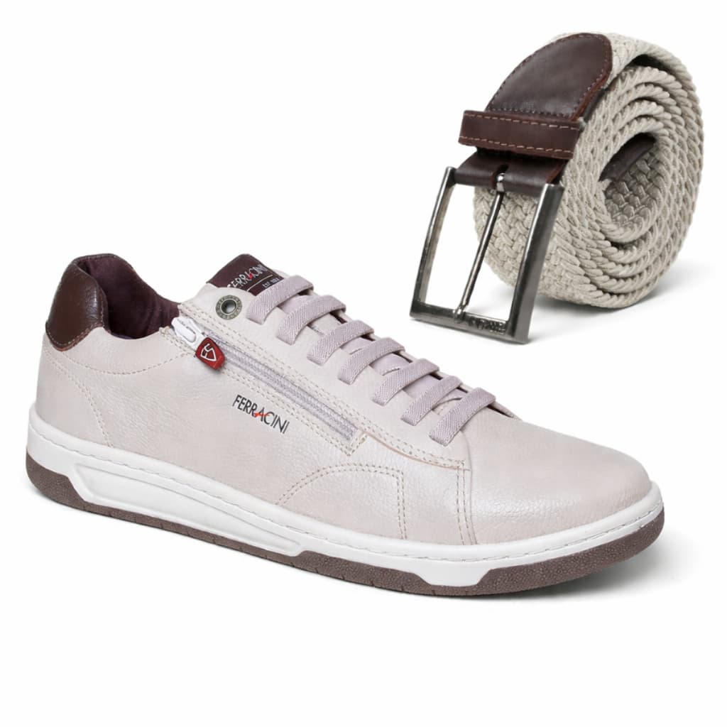 Combo Sapatênis Masculino Ferracini Vox Couro Legitimo Kit Cinto Elastico e Sapato Com Ziper Lateral