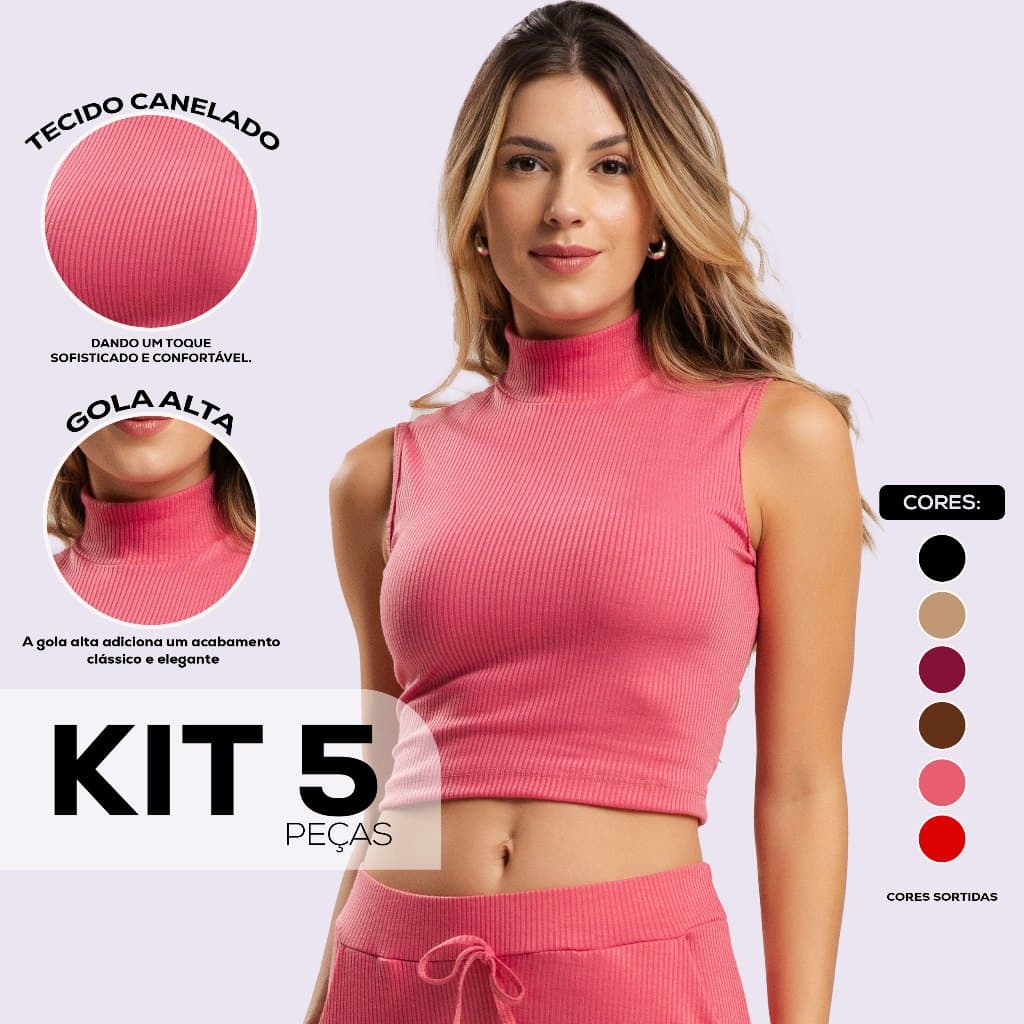 Kit 5 Camisetas Regata Canelada Feminina Verão Baby Tee - Várias Cores Dyeu Modas