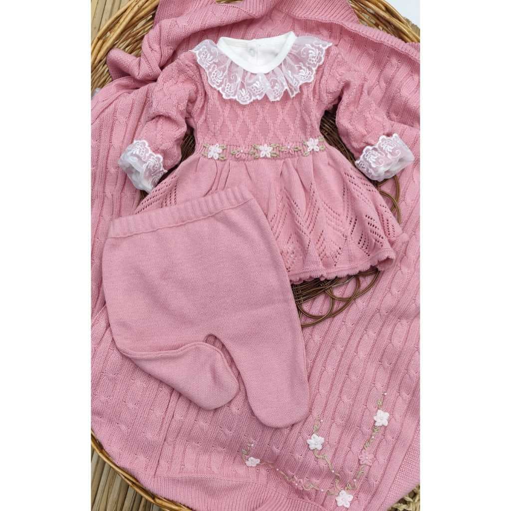 Saída Maternidade em Tricô Menina Linha Premium com Bordado Floral
