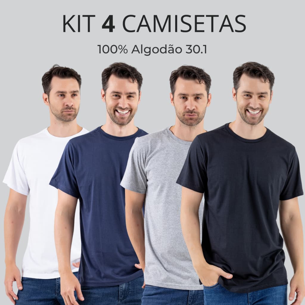 KIT 4 Camiseta Básica Masculina Lisa 100% Algodão 30.1 Manga Curta Acabamento Premium
