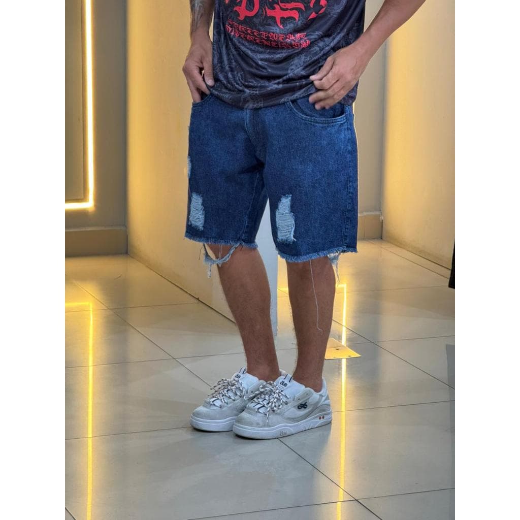 Bermuda Jeans Jogador Masculino Short Curto Azul Estonado Marmorizado Destroid Slim