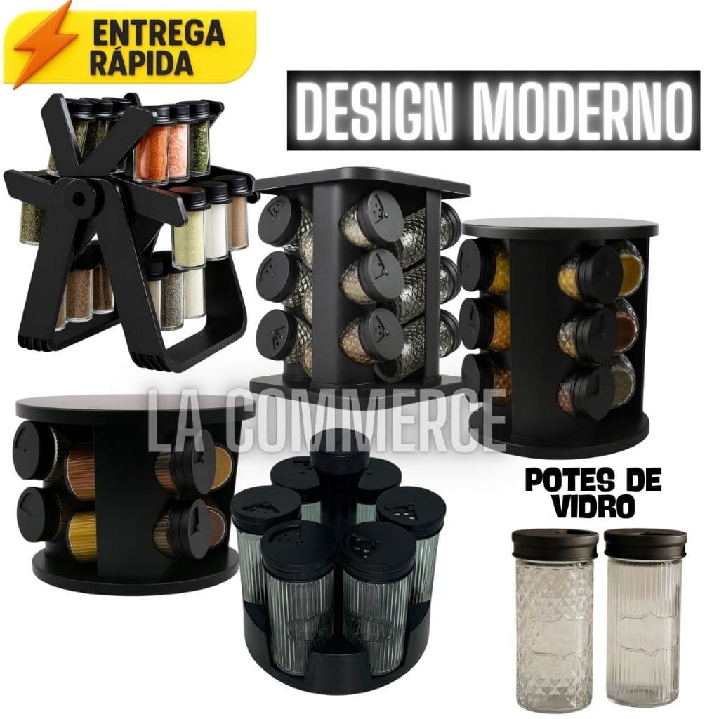 Porta Temperos Giratório Preto com Potes de Vidro 85ml – Organização Impecável