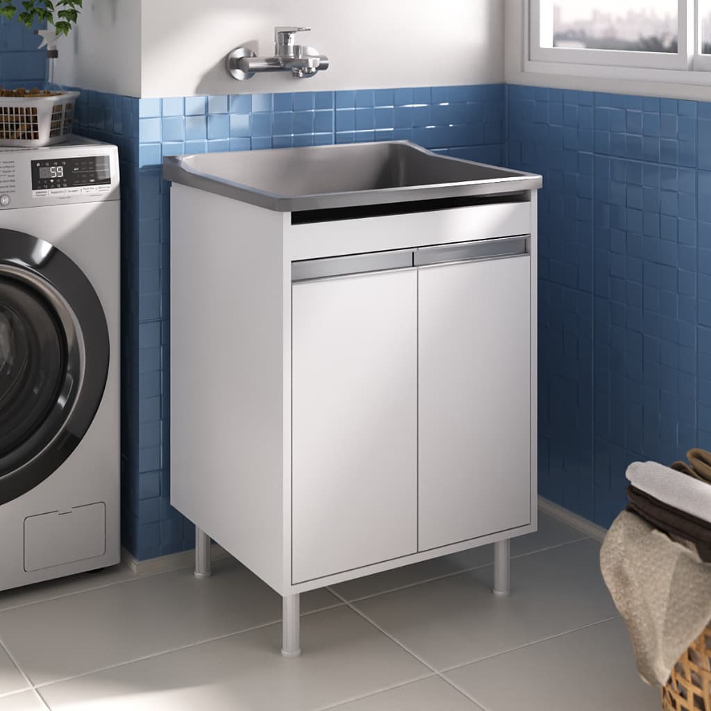 Tanque Prático 40 Litros com Esfregadeira + Gabinete 2 Portas MDF | Lavanderia Completa e Resistente