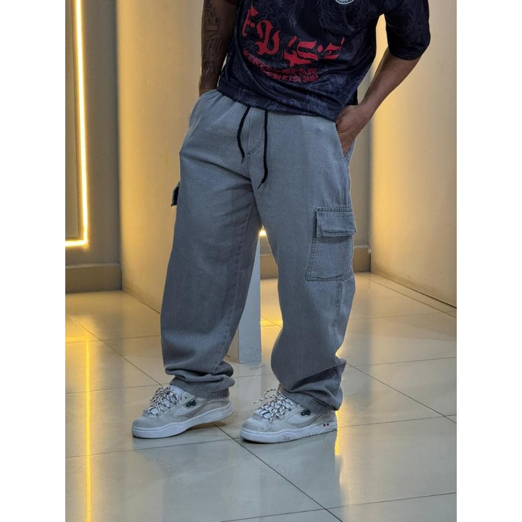 Calça Cargo Jeans larga masculina feminina 5 bolsos Cinza moda street skate