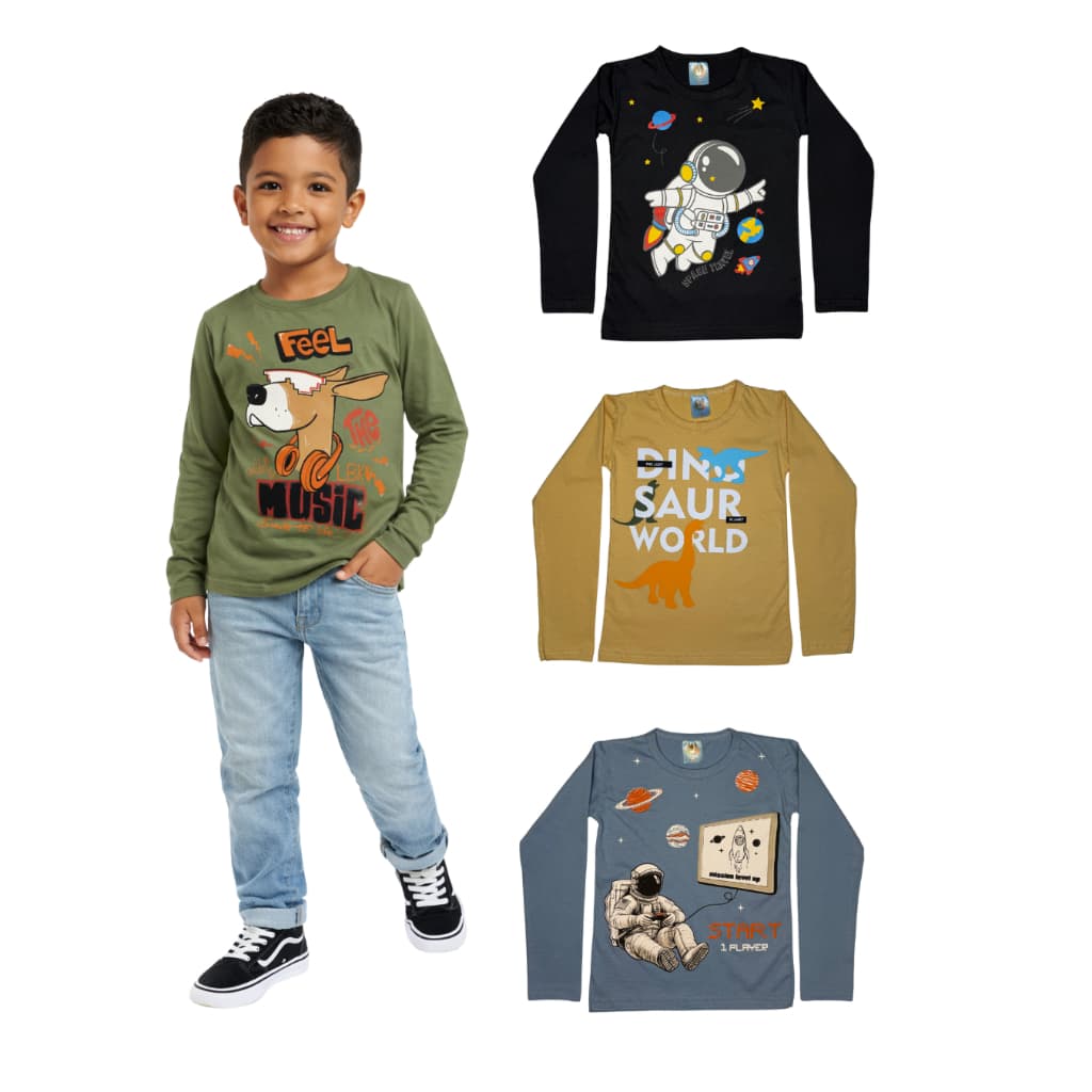 Kit 3 Camisas Menino Manga Longa Estilo e Conforto TAM 1 ao 8