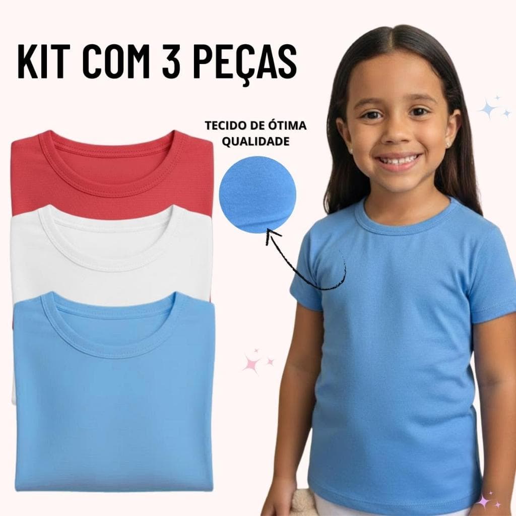 Kit 3 Camisetas Infantis Básicas de Algodão – Uniforme, Lazer e Volta as Aulas