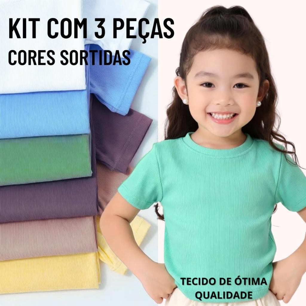 Kit 3 Blusas Infantil Feminina Canelada Ribana Cores Sortidas Atacado Verão - Tamanho 4 ao 10