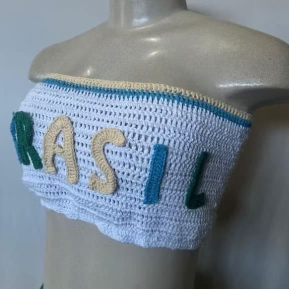 Conjunto Crochê Brasil Feminino Top Escrita BRASIL Verde Amarelo Verão