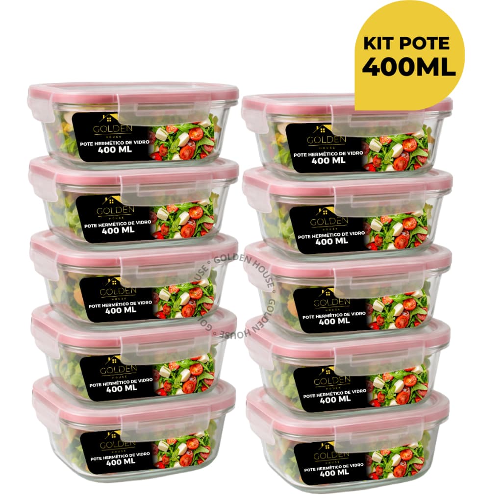 Kit 10 ou 5 Potes Vidro Hermético 400ml Quadrado Premium Marmita Fitness