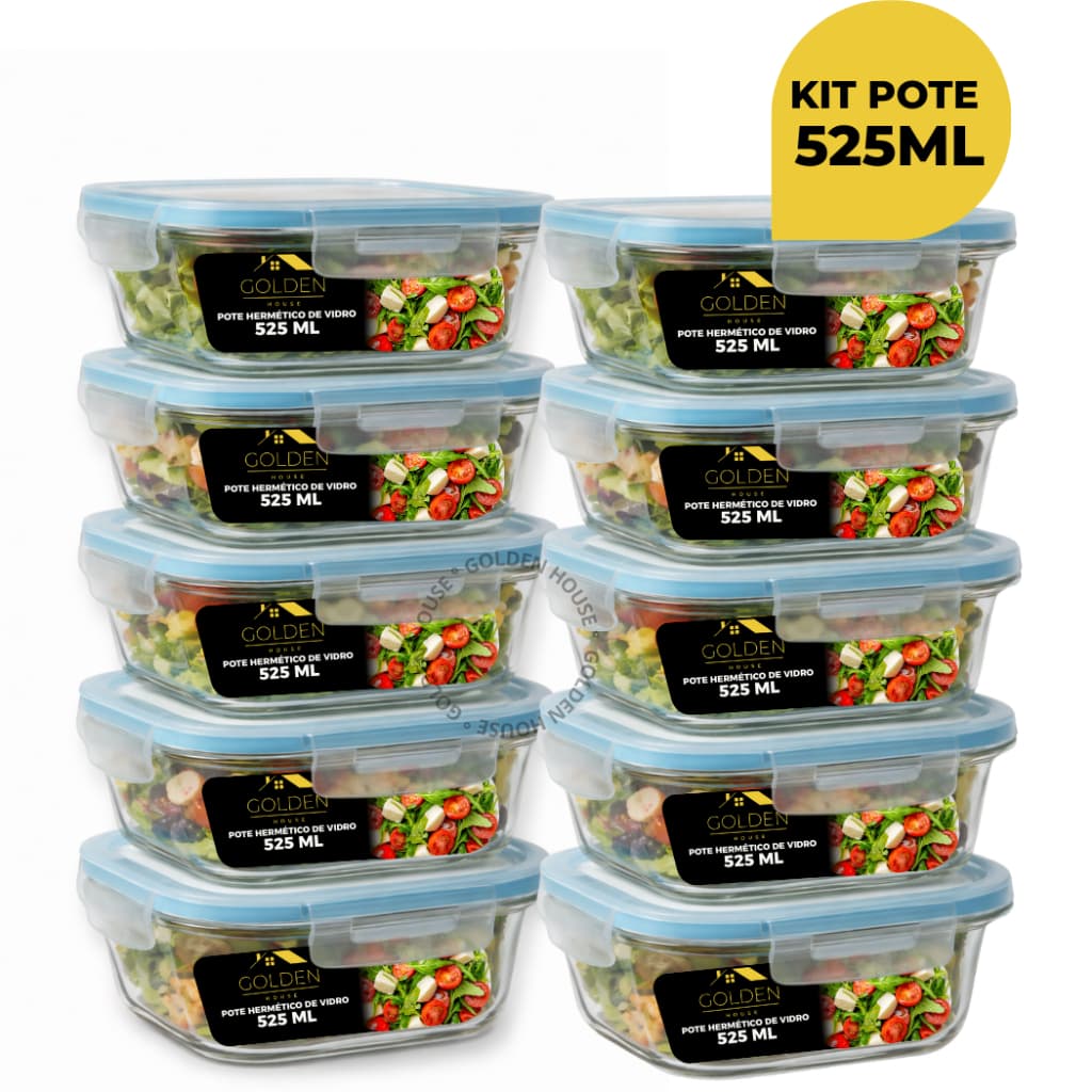 Kit 10 ou 5 Potes Vidro Hermético 525ml Quadrado Marmita Fitness Premium - 4 Travas