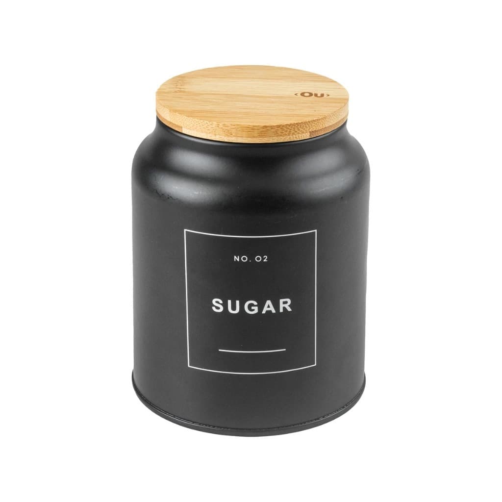 Pote Porta Sugar Sense Preto Fosco Com Tampa de Bambu Lata Metal OU