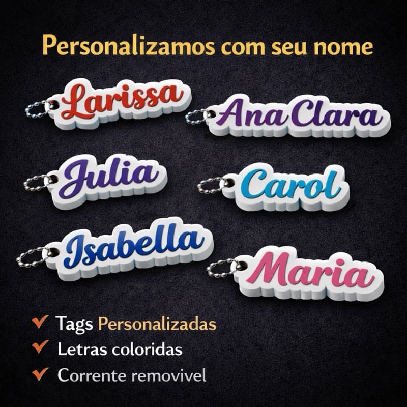 Kit 5 Tags com Nome Personalizado Para Meninas – Ideal para Mochilas, Escola e Maternidade