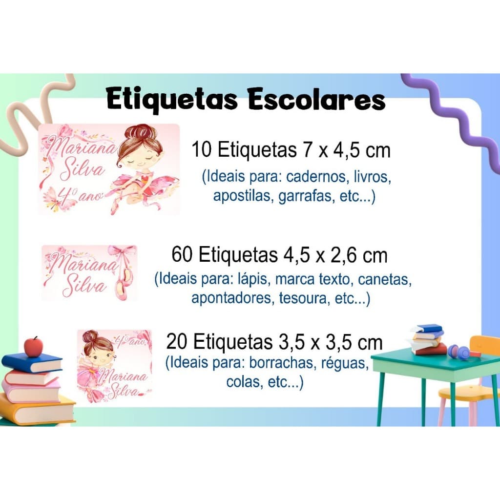 ETIQUETA ESCOLAR  ADESIVA - BAILARINA ROSA - CADERNO, LÁPIS, CANETAS, APONTADOR, LIVROS, RÉGUA, COLA