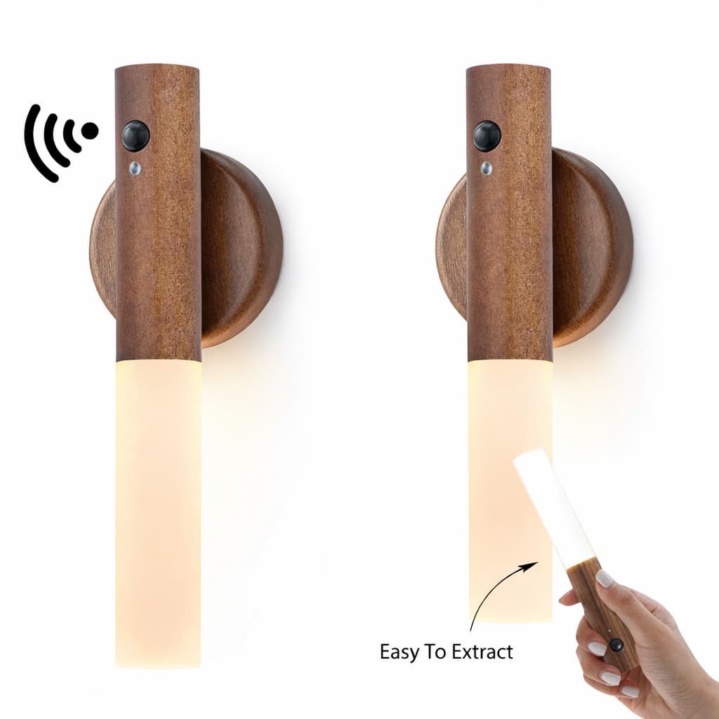 KIT 2 Luminária De Led Parede Sensor Quarto Portátil Usb Imã Mesa Estrutura Madeira