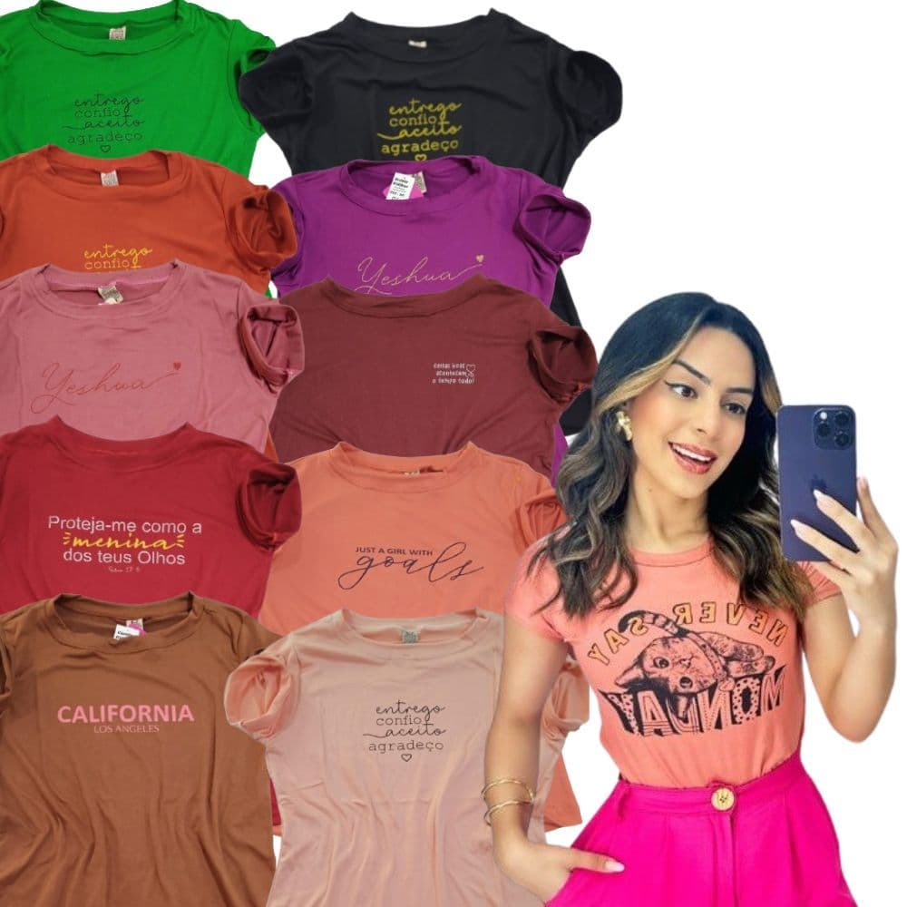 Kit 2 Baby Look Feminina Malha Suede  Estampas Variadas moda feminina barata Atacado