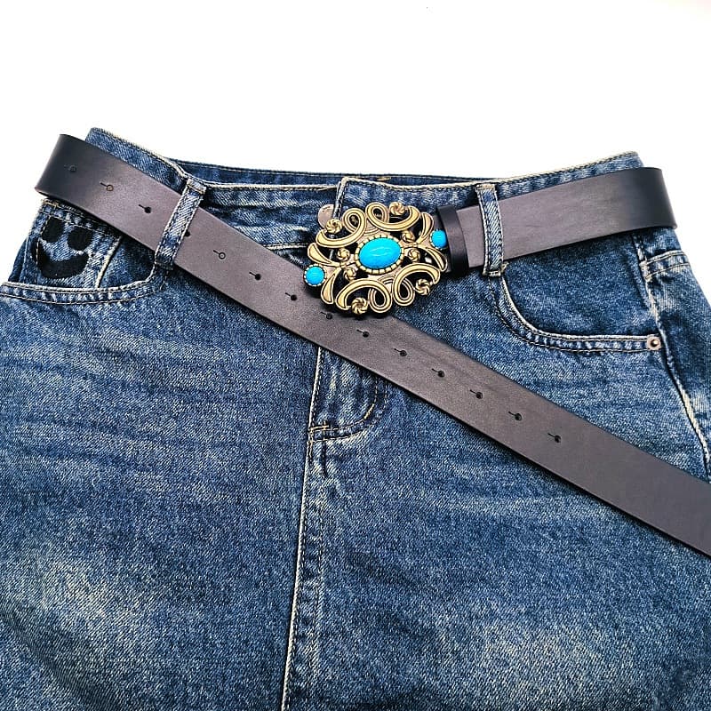 Cinto Feminino Boho Vintage de Couro Sintético Com Fivela Com Pedra Azul Turquesa