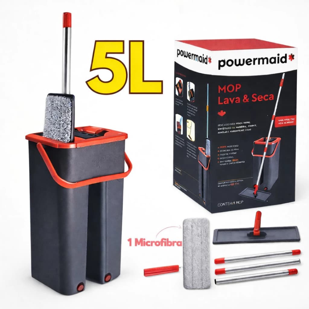 Mop Esponja PVA com Balde e Cabo em Aço Inox - 125 cm ou Mop Rodo Lava e Seca Com Balde e 1 Refil