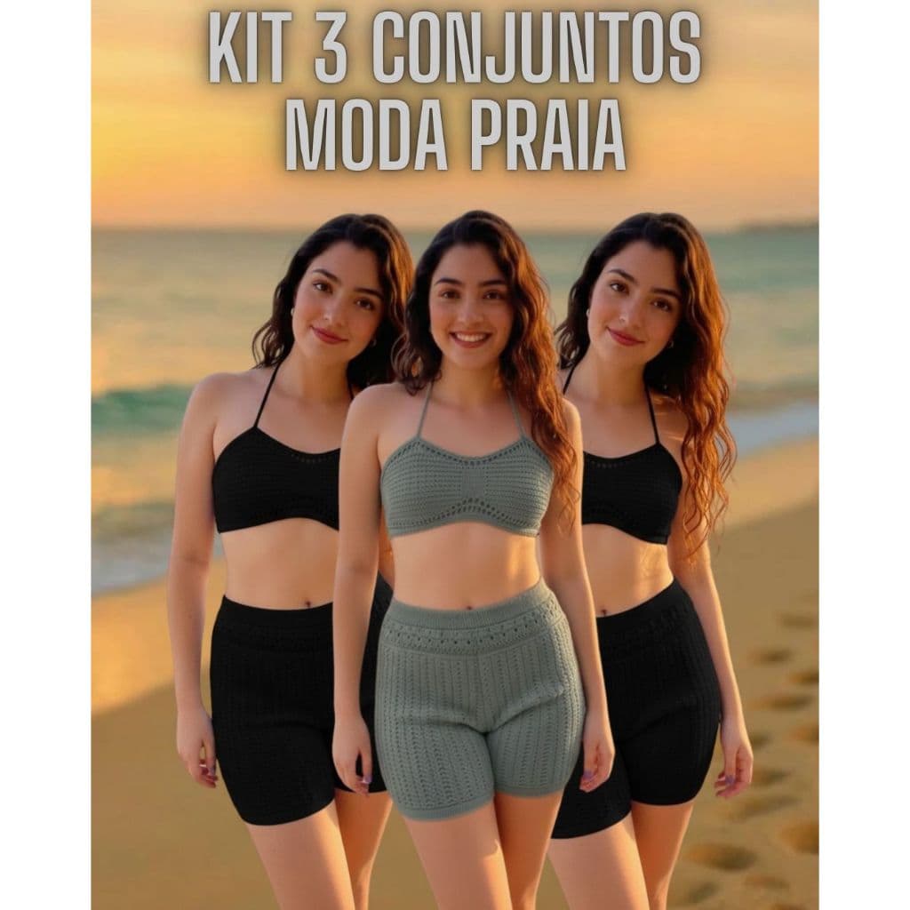 Kit 3 Saída de Praia Tricô Short e Top Amarração Frente Única Feminino Tricot Moda Praia Verão