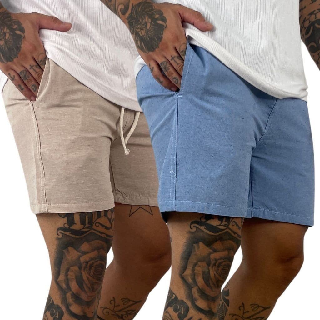 Short Bermuda Masculina Básico Casual em Brim Tipo  Linho Algodão com Elástico Cordão  De Ajuste e Bolsos