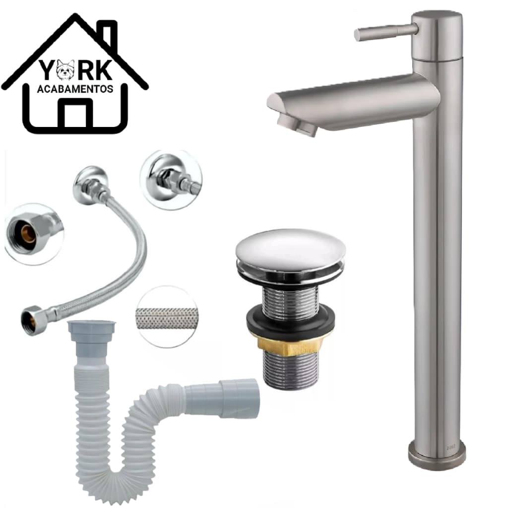 Kit Torneira Alta Metal Bancada Banheiro Lavabo + Válvula Comum ou Click + Sifão Branco +Engate 60cm