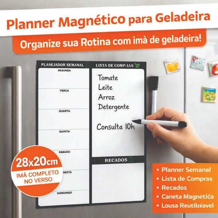 Imã de Geladeira Planner Semanal Magnético com Caneta
