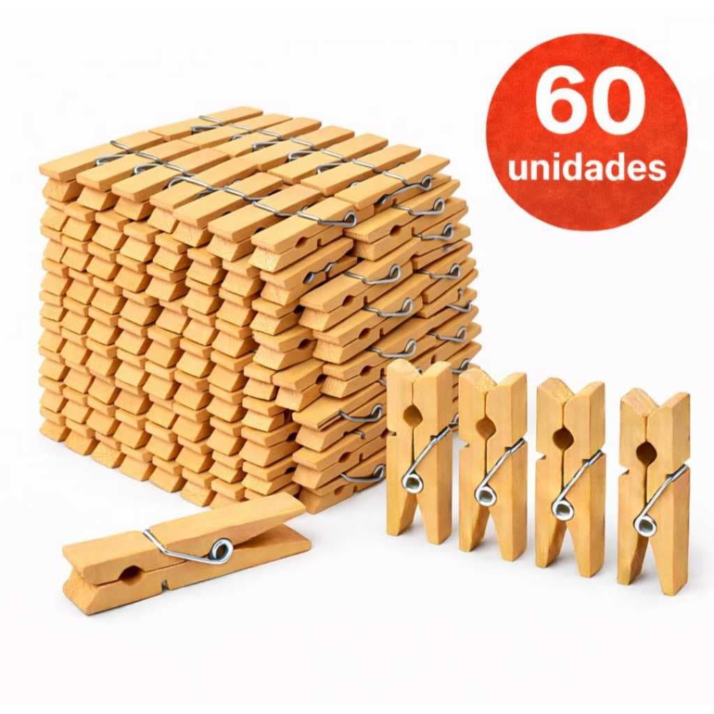 Kit 60 Prendedor de Roupa de Madeira Reforçado Resistente para Varal Econômico Kit e Unidades