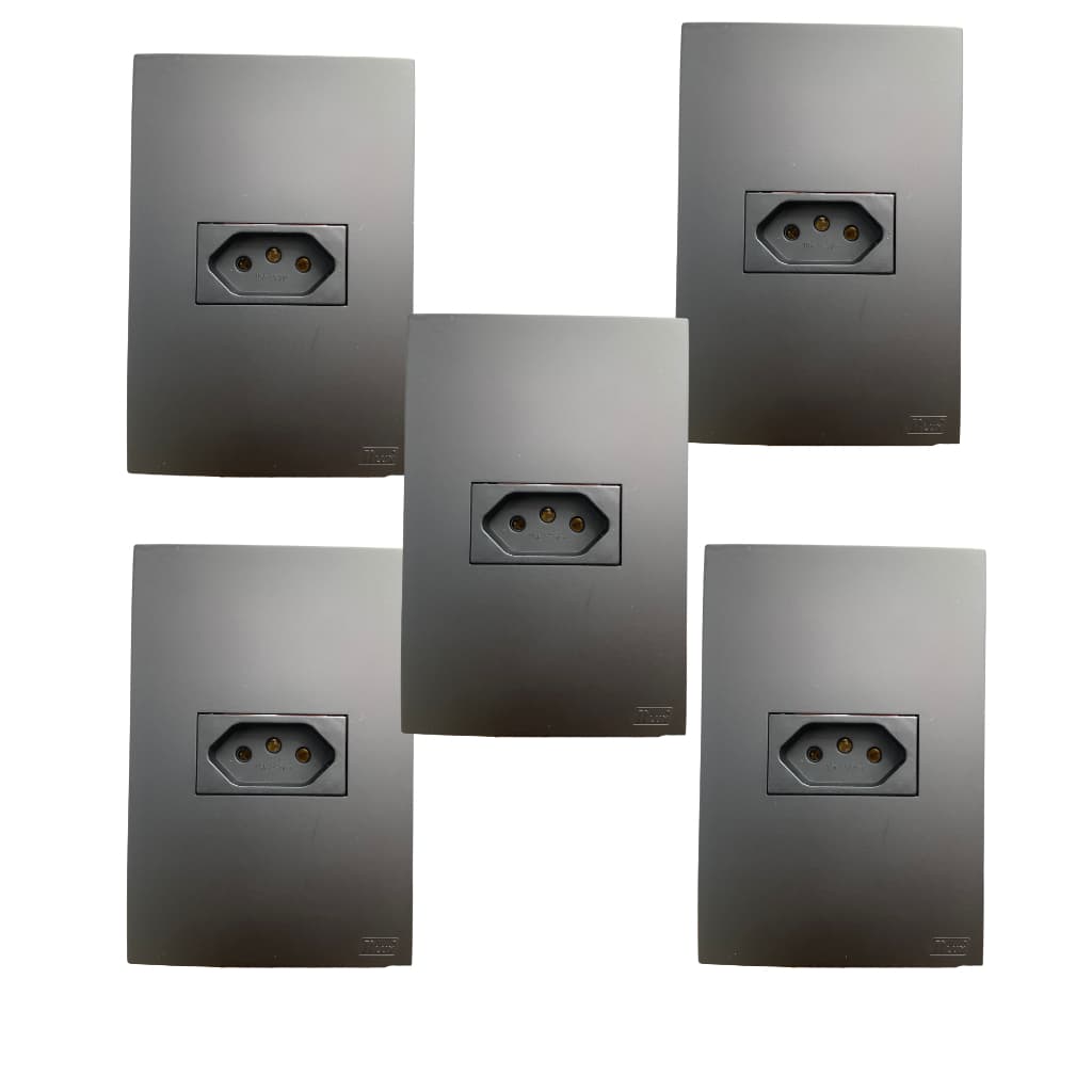 Kit 5 Tomada Fêmea 10a Simples Blux Recta Satin 4x2 Modular Preto fosco Interruptor Horizontal
