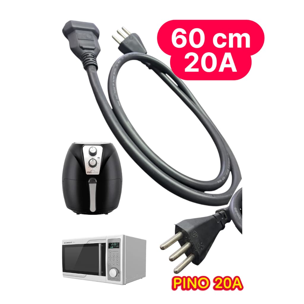 Kit 2 Cabos Extensor Prolongador 3x2,5mm 0,60 CM 20A para microondas , secador, airfrayer, forno