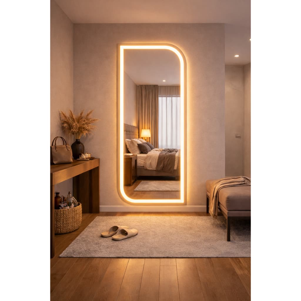 Espelho Orgânico EL24 Corpo Inteiro 150cm x 60cm Polido LED Jateado Luz Branca e Luz Amarela Sala Quarto Banheiro