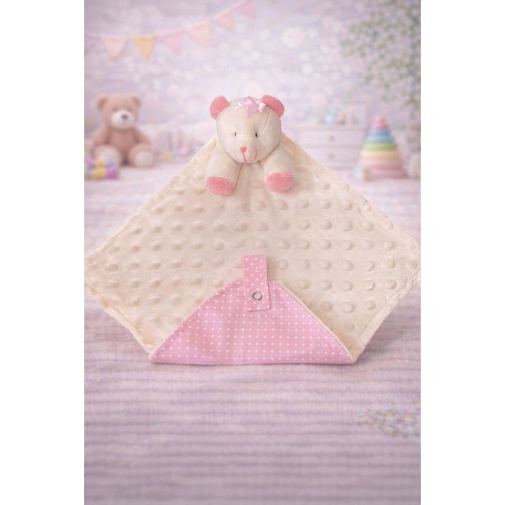 Naninha Para Bebê Ursa Plush Bolha Poa Rosa Com Porta Chupeta 28x28 cm 100% Algodão Promoção Casa e Conforto